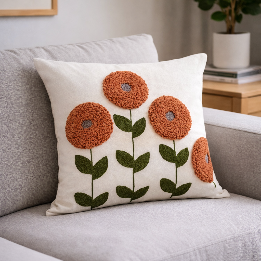 Çiçek Motifli Punch Kırlent Kılıfı