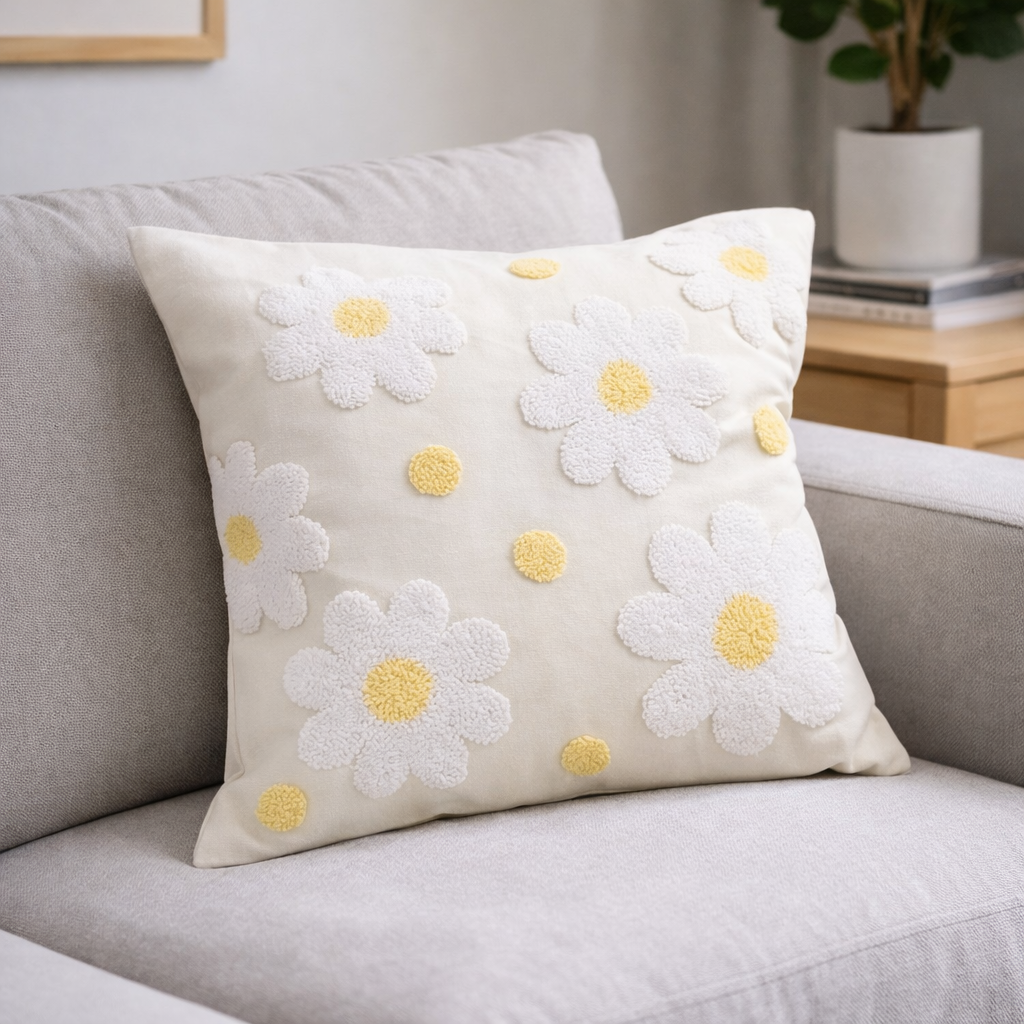 Papatya Desenli Punch Kırlent Kılıfı