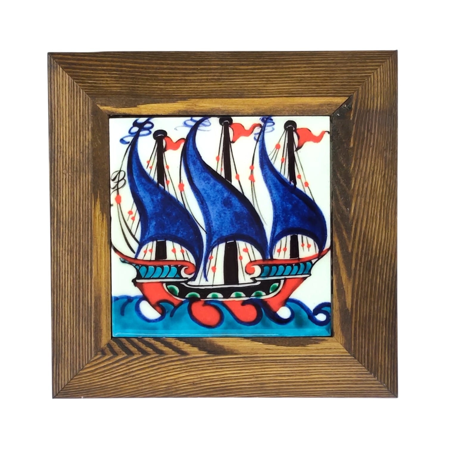 Ahşap Çerçeveli Gemi Motifli Seramik Tablo
