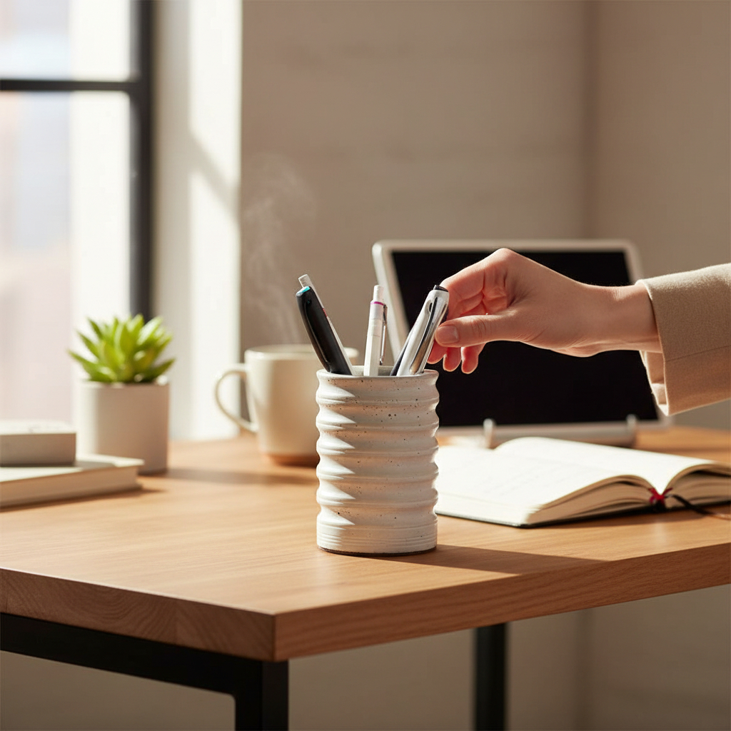 Yuvarlak Brüt Beton Masaüstü Kalemlik | El Yapımı