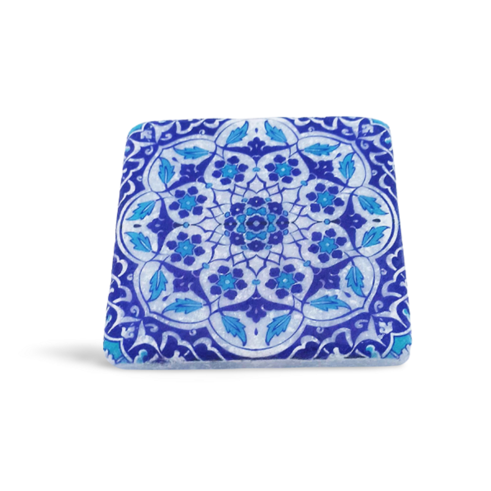 Mavi Desenli Doğal Mermer Bardak Altlığı