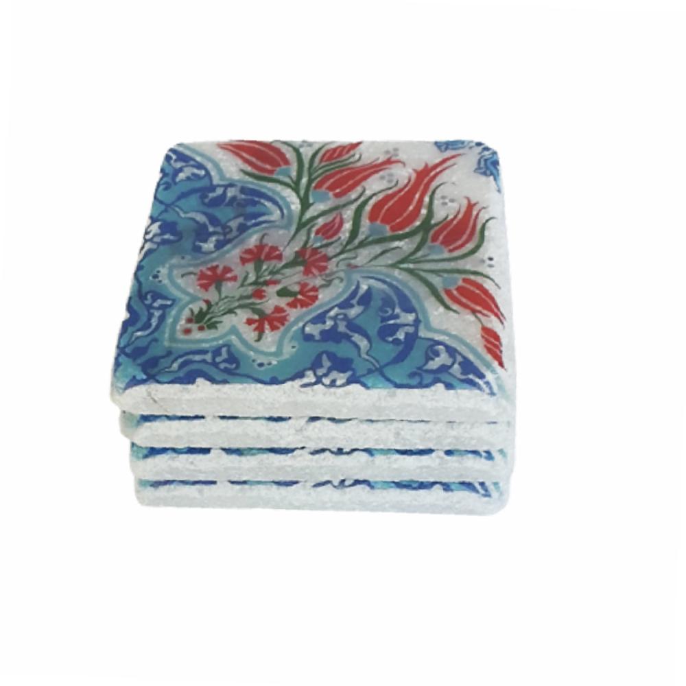 Geleneksel Lale Motifli Mermer Bardak Altlığı