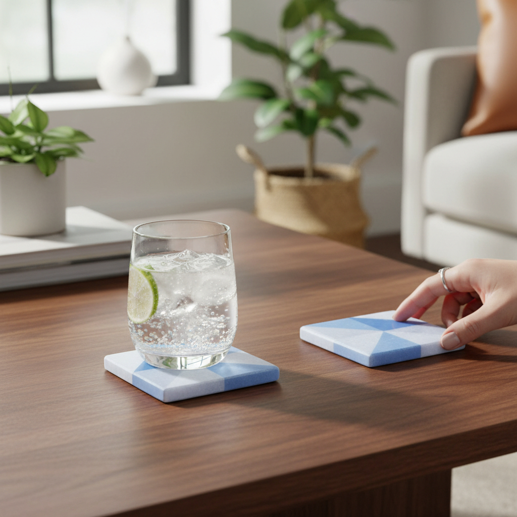 Geometrik Mavi Desenli Mermer Bardak Altlığı