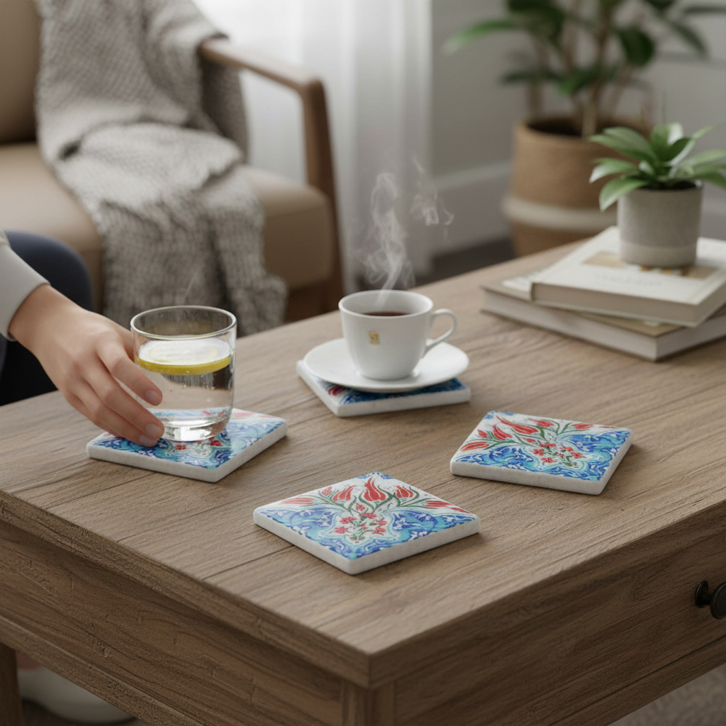 Geleneksel Lale Motifli Mermer Bardak Altlığı