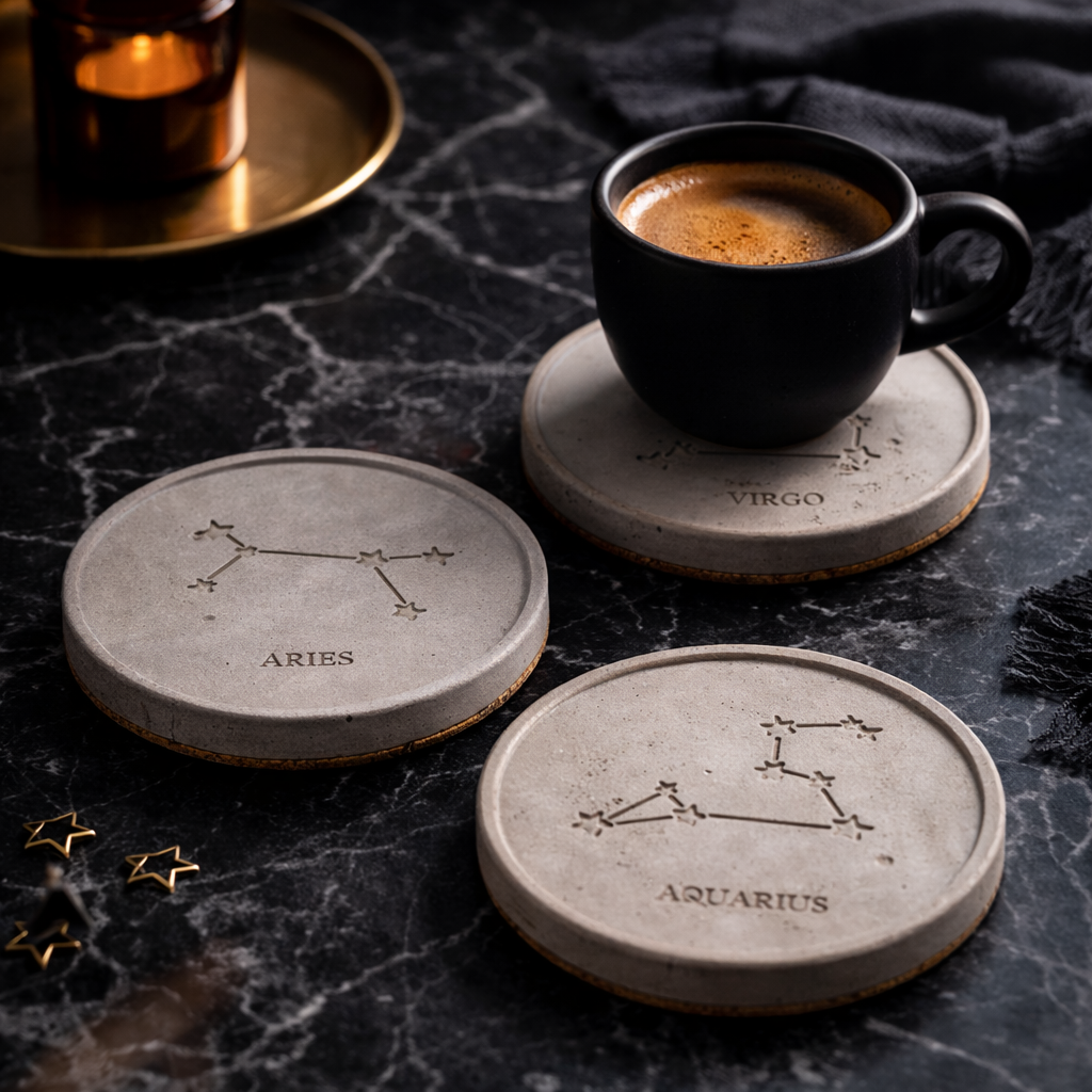 12’li Burç Bardak Altlığı Seti – El Yapımı Beton Zodiac Koleksiyon