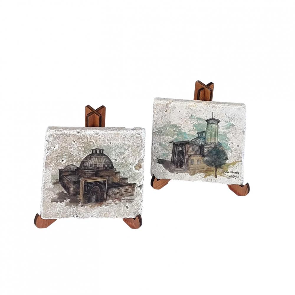 Konya Tarihi Yapılar Traverten Pano Seti – 4’lü Doğal Taş Dekoratif Koleksiyon