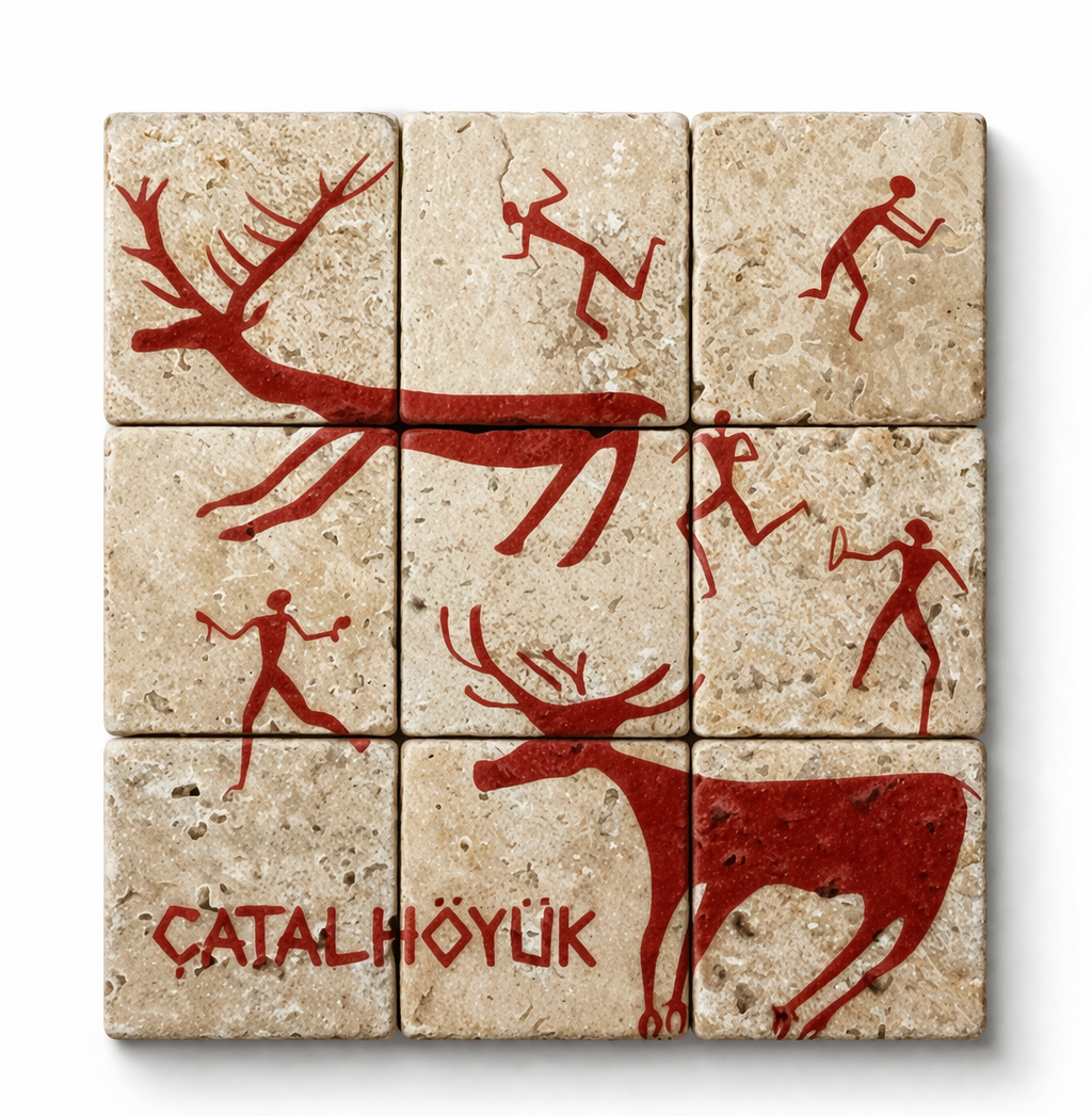 Çatalhöyük Av Sahnesi Traverten Pano – El Yapımı Dekoratif Pano
