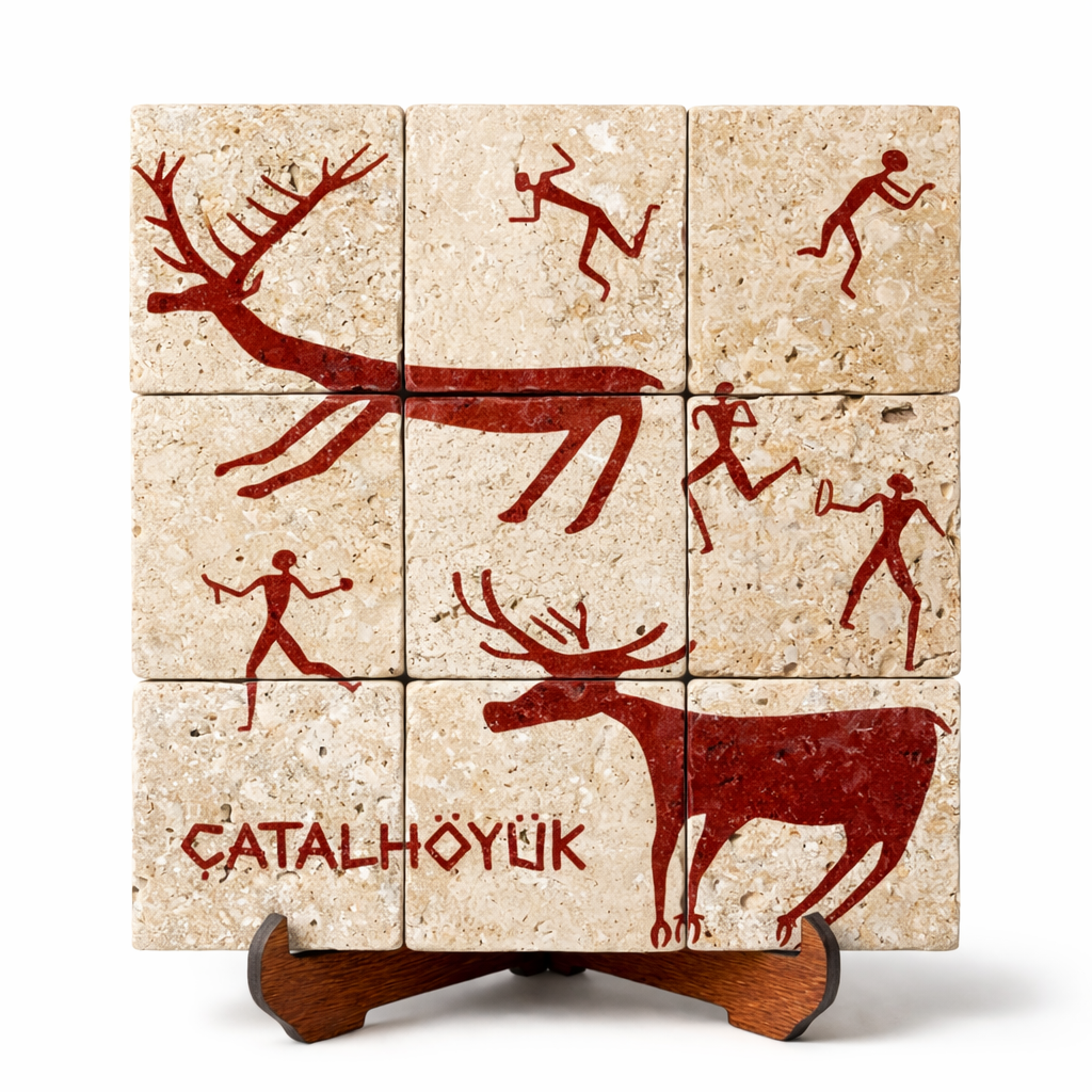 Çatalhöyük Av Sahnesi Traverten Pano – El Yapımı Dekoratif Pano