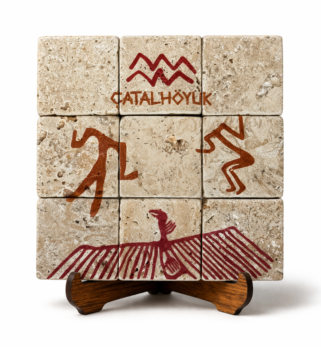Çatalhöyük Atmaca Motifli Traverten Pano – El Yapımı Dekoratif Pano