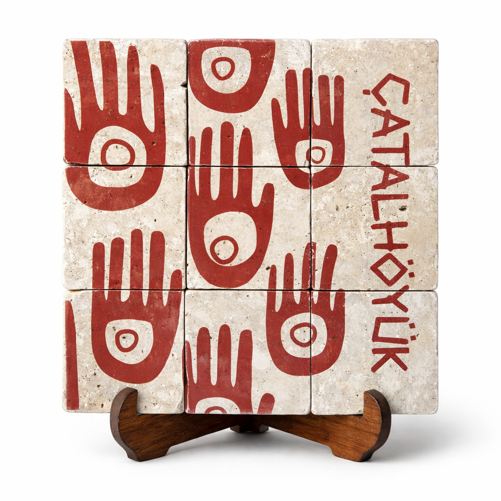 Çatalhöyük El Motifli Traverten Pano – El Yapımı Dekoratif Pano