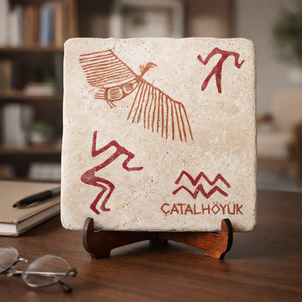 Çatalhöyük Atmaca Motifli Doğal Traverten Pano – El Yapımı Dekoratif Pano