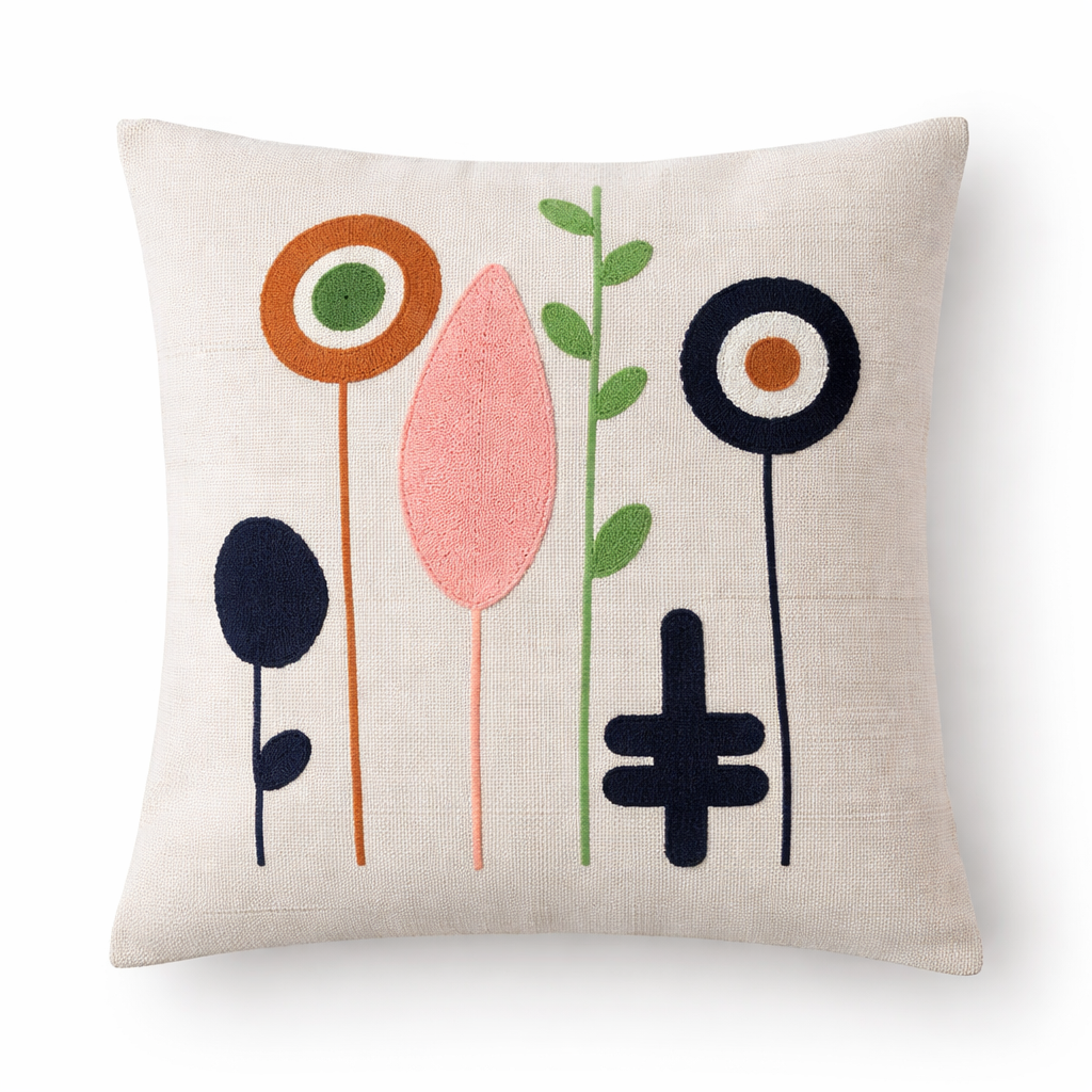 Soyut Desenli Punch Nakışlı Dokuma Keten Kırlent Kılıfı | PNCH-7523