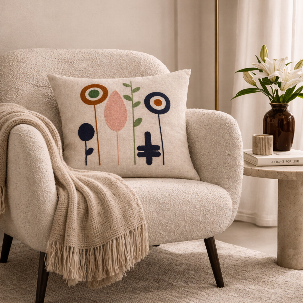 Soyut Desenli Punch Nakışlı Dokuma Keten Kırlent Kılıfı | PNCH-7523