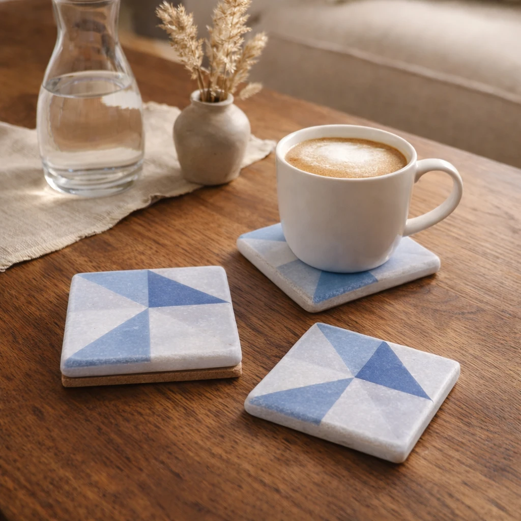 Geometrik Mavi Desenli Mermer Bardak Altlığı