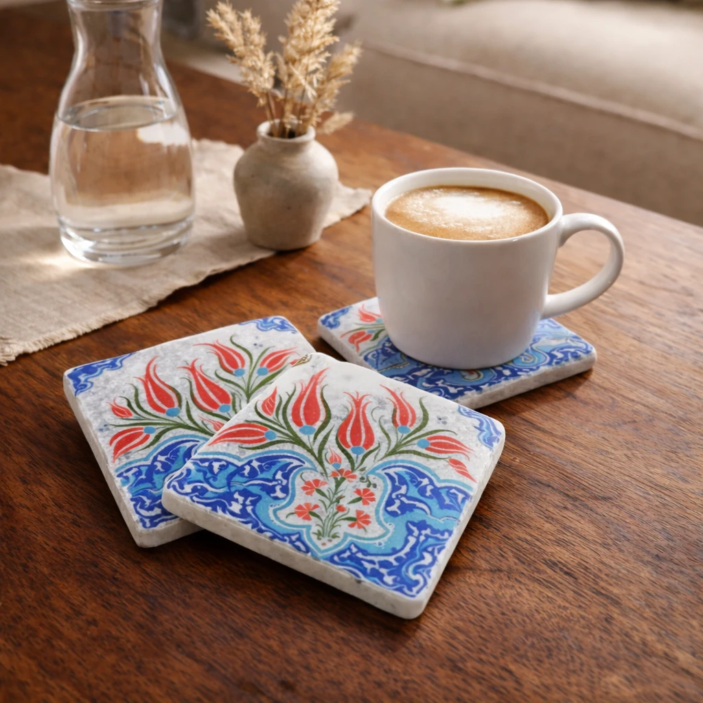 Geleneksel Lale Motifli Mermer Bardak Altlığı