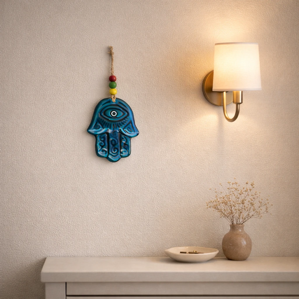 Turkuaz Seramik Gözlü El (Hamsa) Duvar Süsü