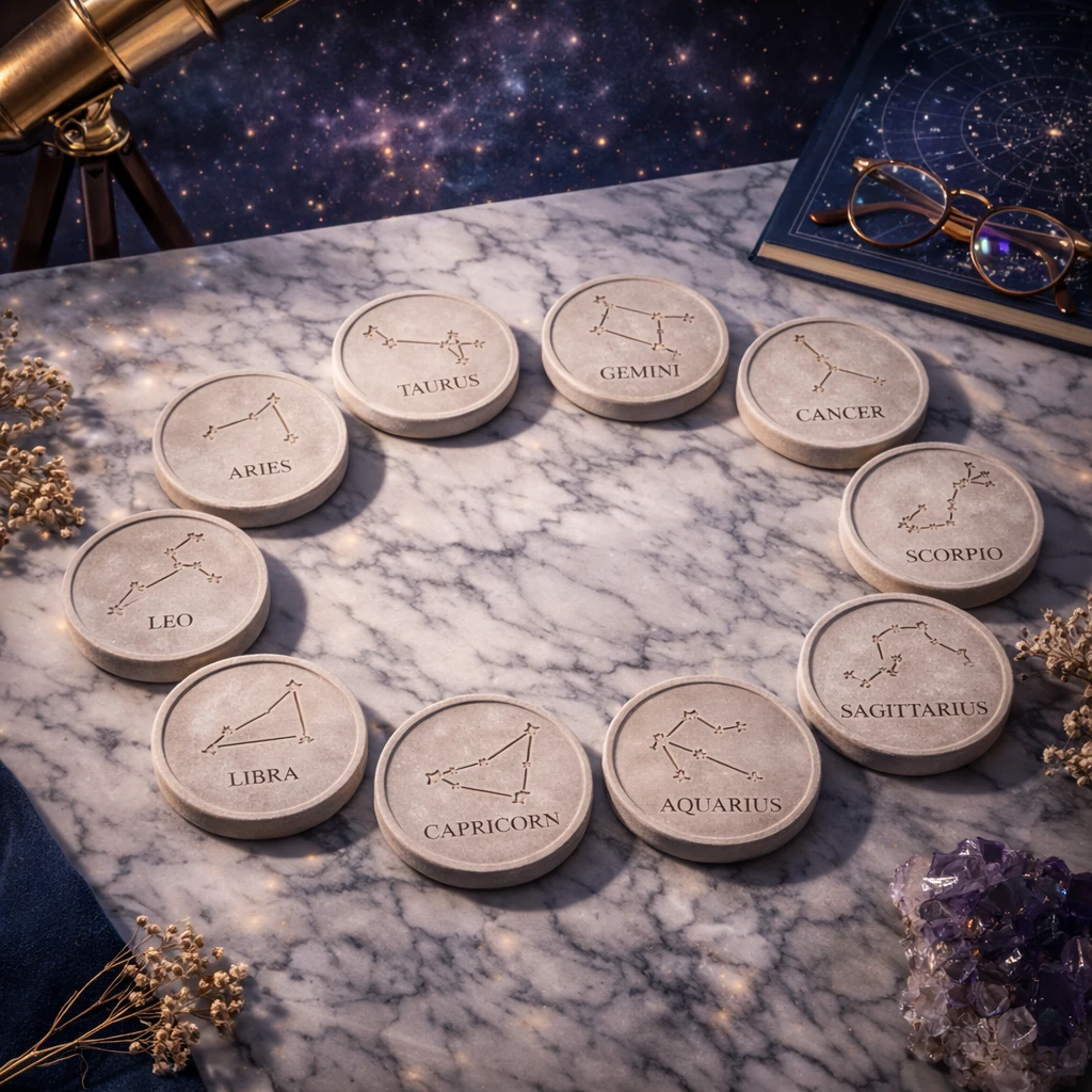 12’li Burç Bardak Altlığı Seti – El Yapımı Beton Zodiac Koleksiyon