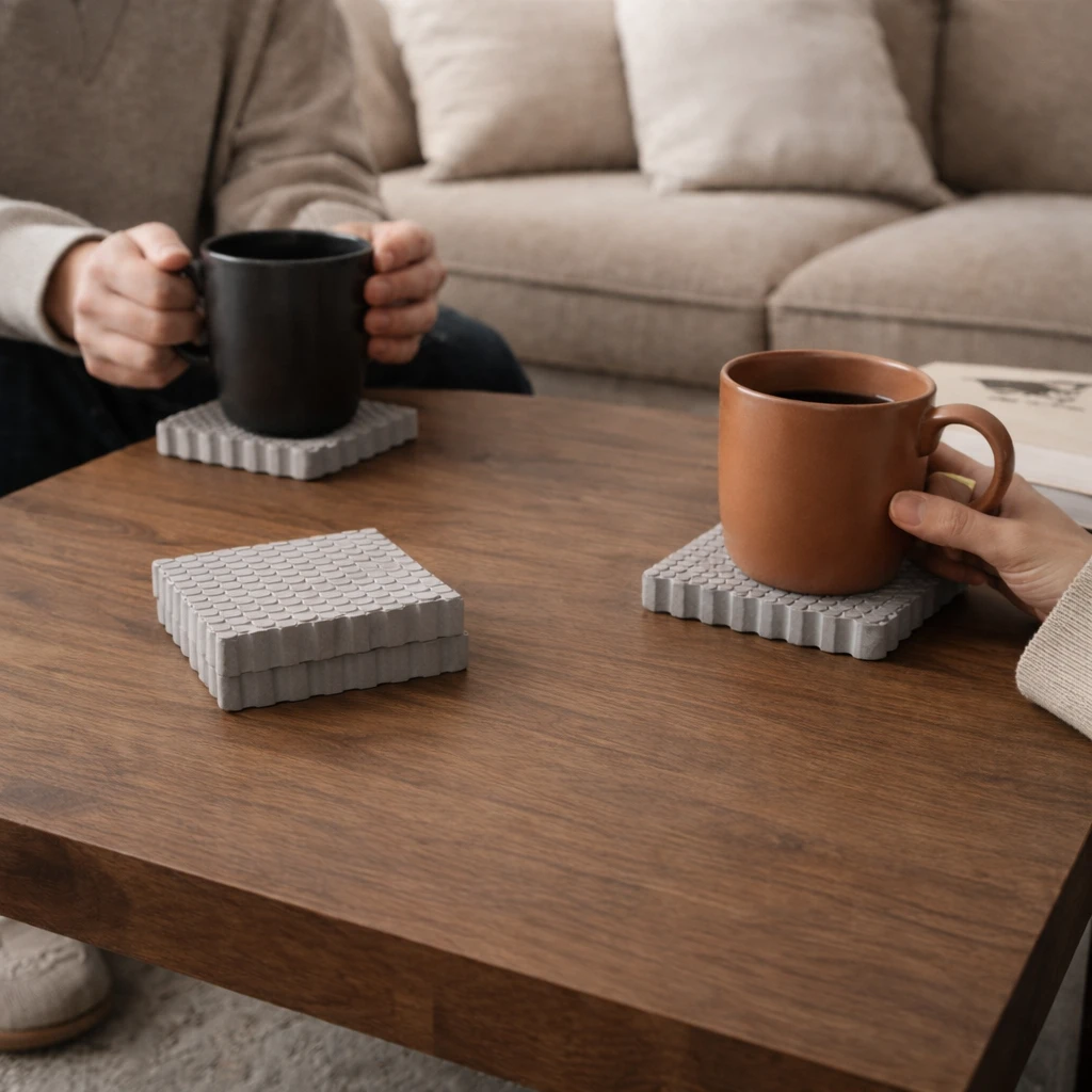 Modern Dokulu Beton Bardak Altlığı – El Yapımı Ofis & Ev Aksesuarı