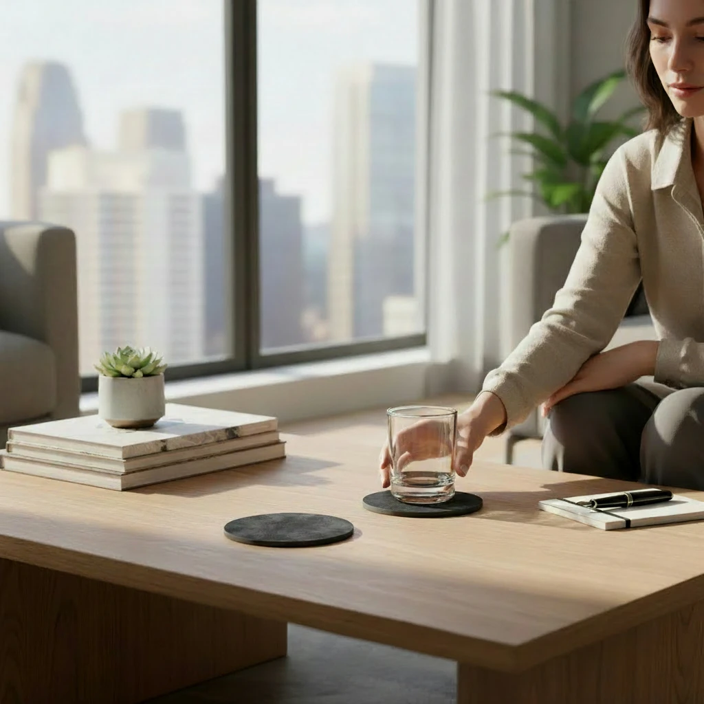 Antrasit Yuvarlak Hakiki Deri Bardak Altlığı – 4’lü set