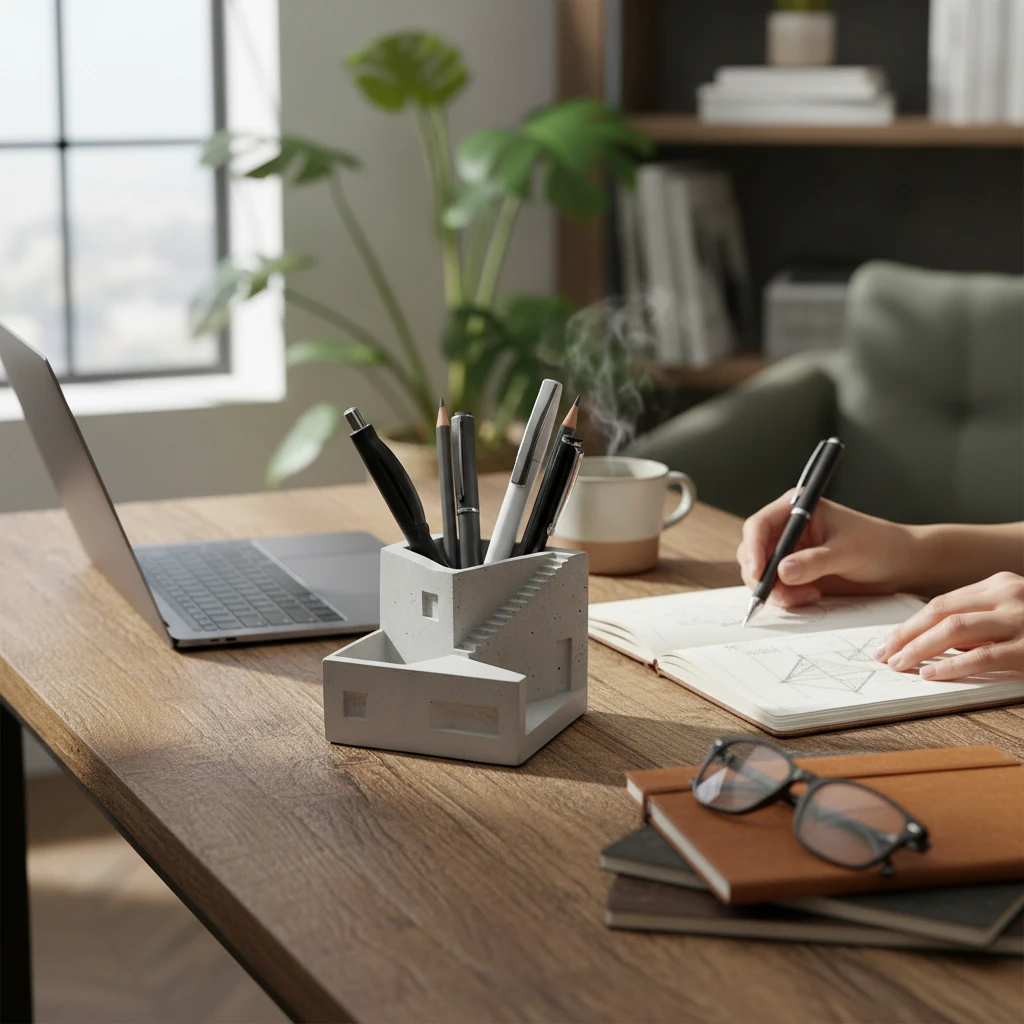 Beton Masaüstü Kalemlik – El Yapımı Brüt Beton Ofis Organizer