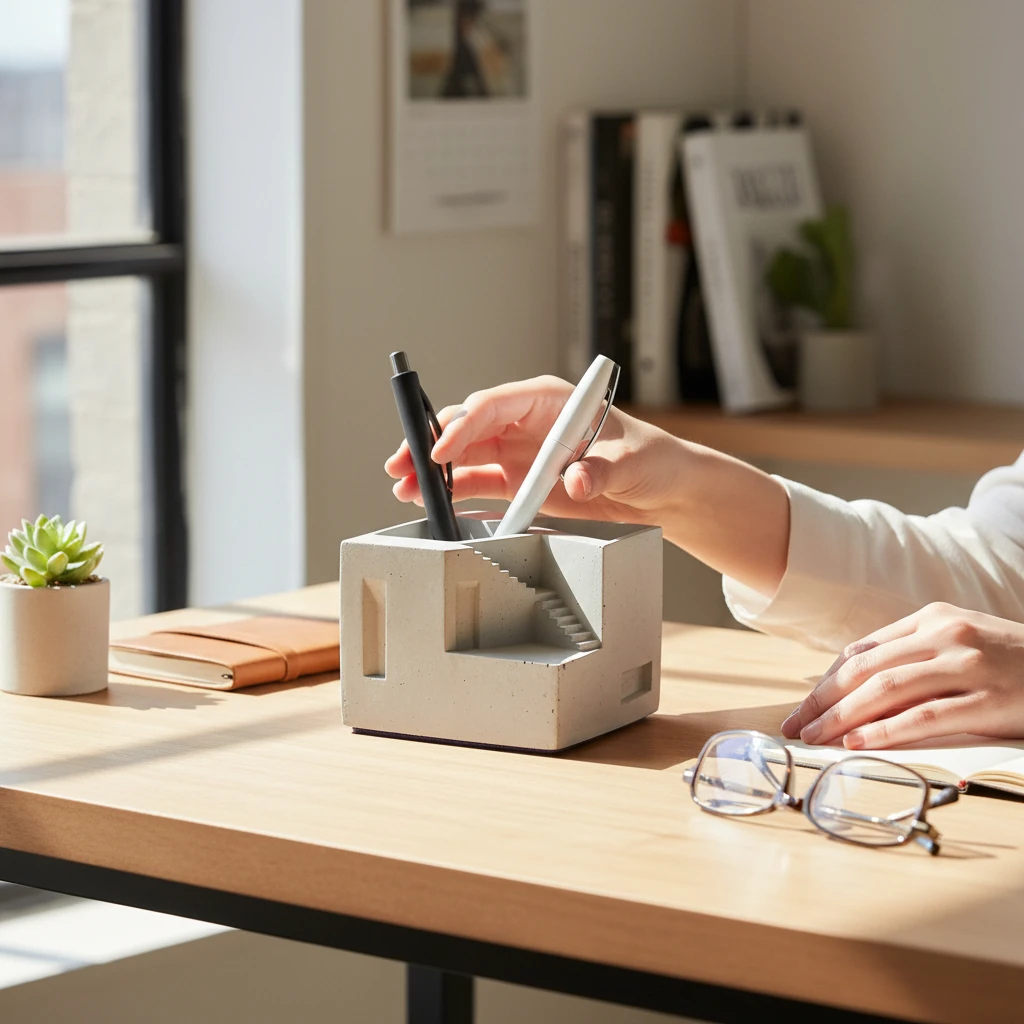 Beton Masaüstü Kalemlik – El Yapımı Modern Ofis Düzenleyici