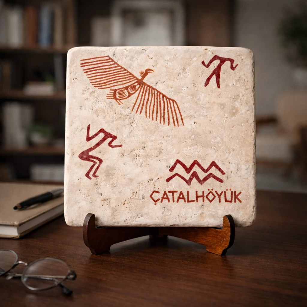 Çatalhöyük Atmaca Motifli Doğal Traverten Pano – El Yapımı Dekoratif Pano