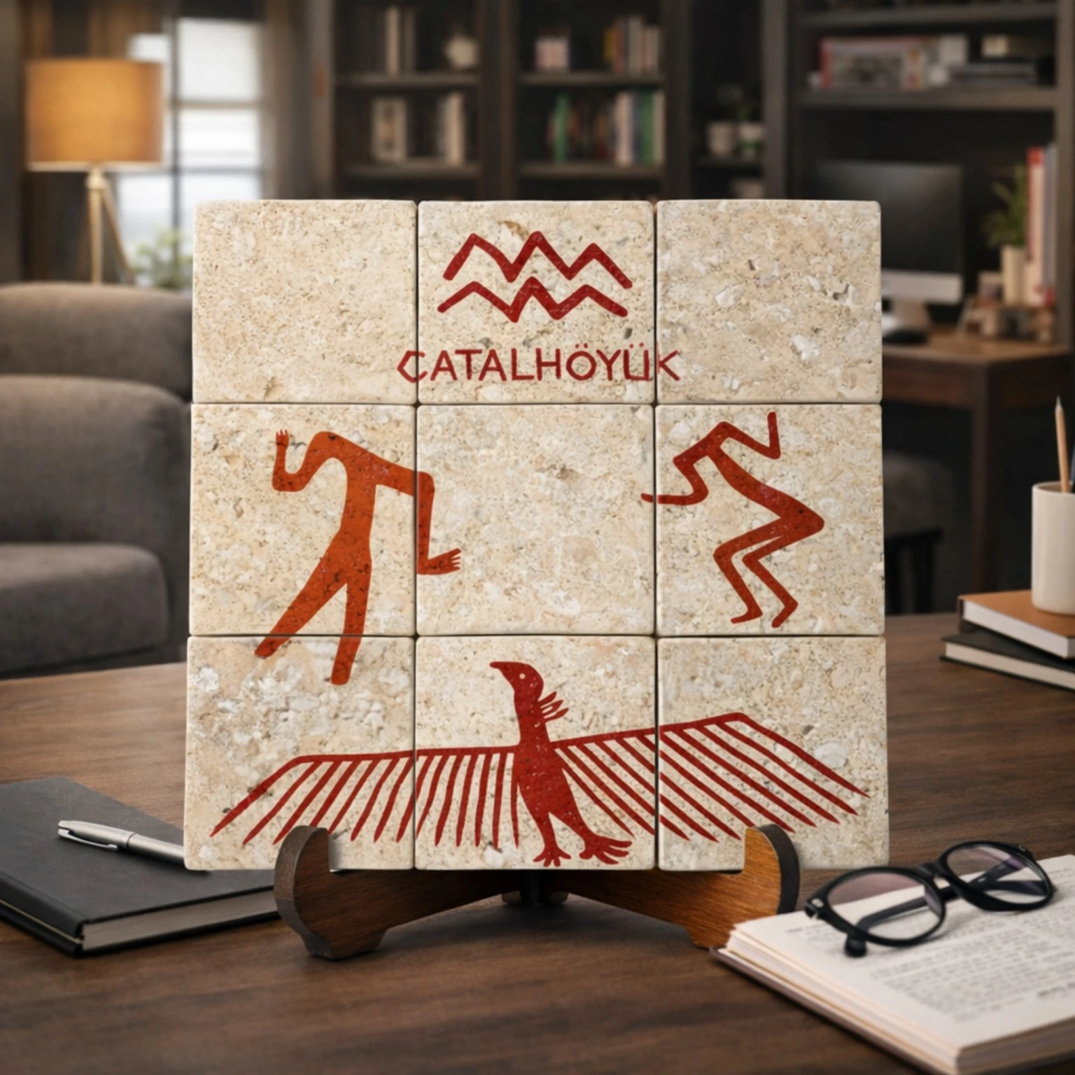 Çatalhöyük Atmaca Motifli Traverten Pano – El Yapımı Dekoratif Pano