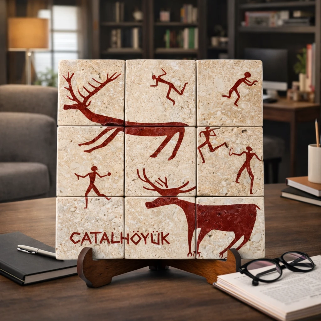Çatalhöyük Av Sahnesi Traverten Pano – El Yapımı Dekoratif Pano