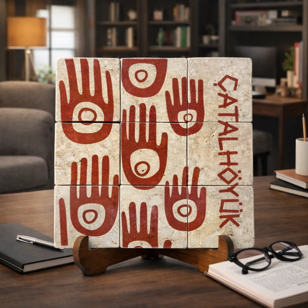 Çatalhöyük El Motifli Traverten Pano – El Yapımı Dekoratif Pano