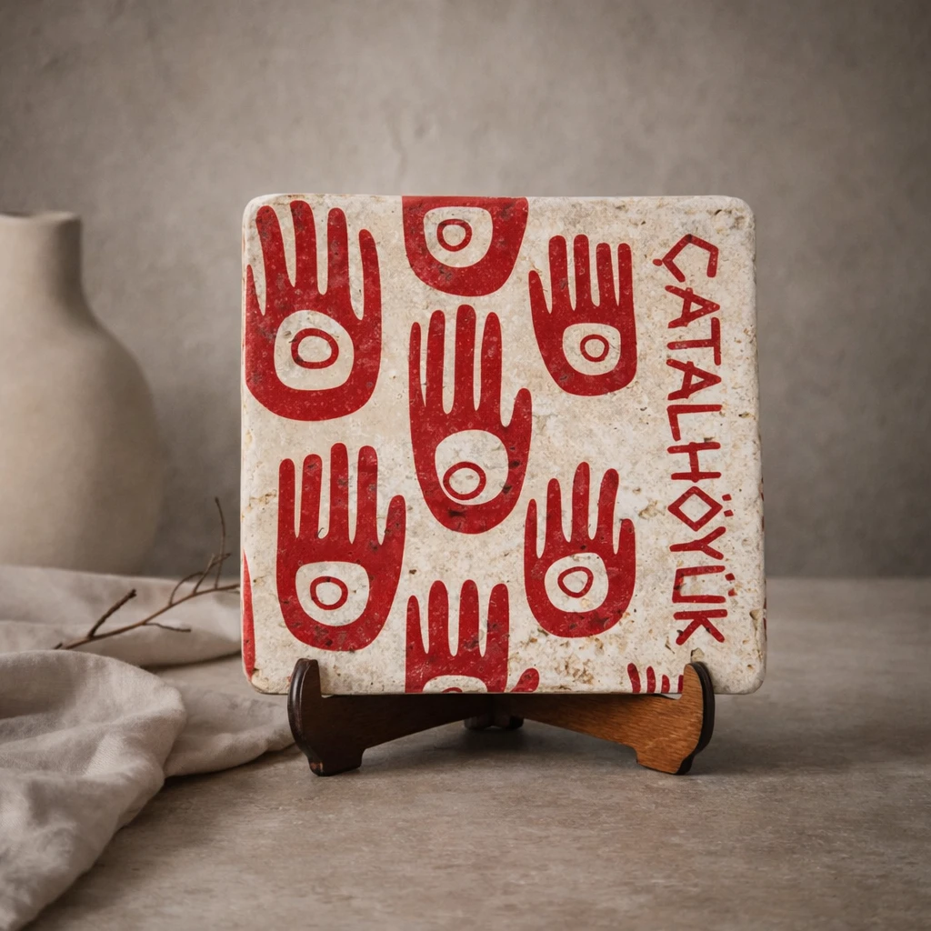 Çatalhöyük El Sembollü Traverten Pano | Butik Üretim Doğal Taş Dekor