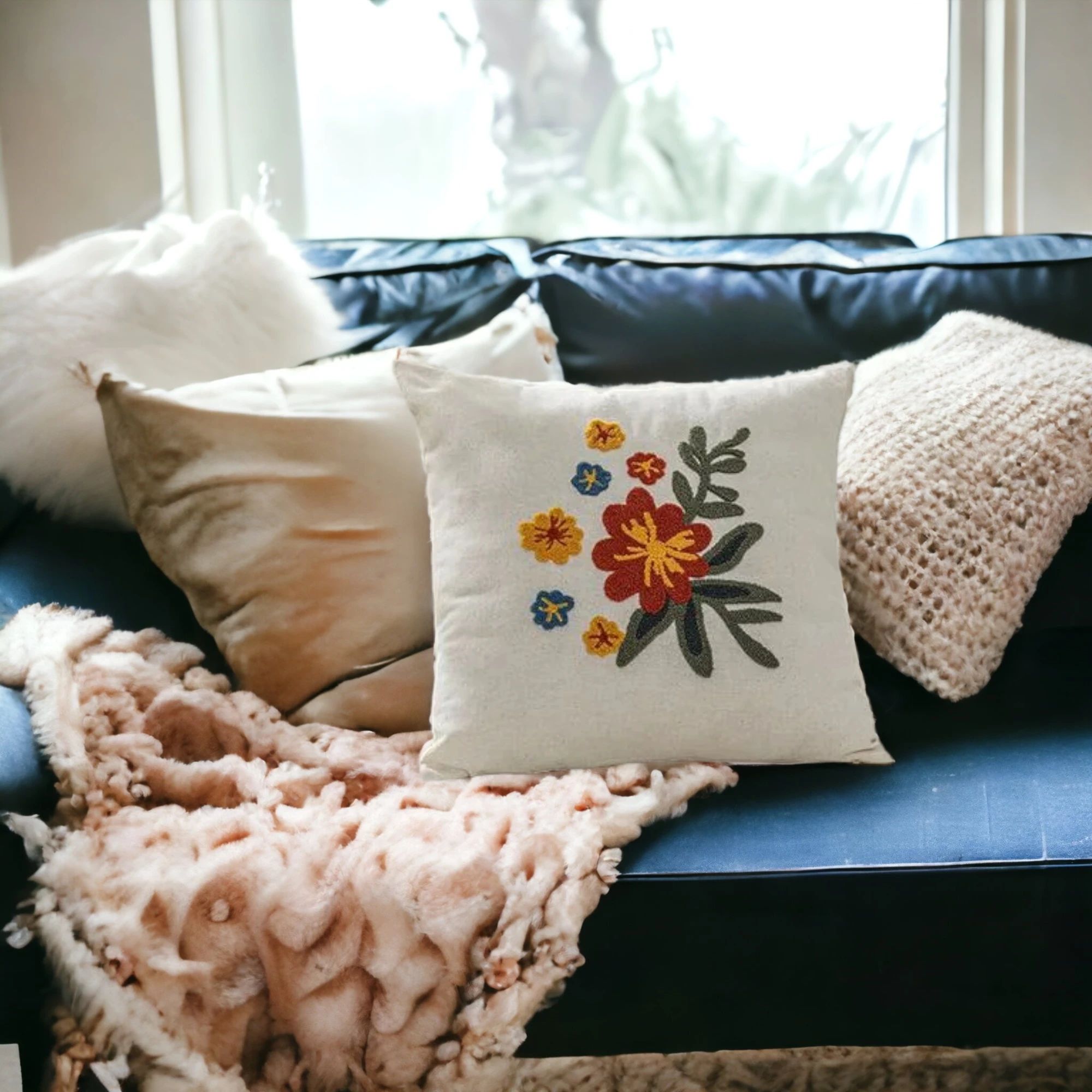 Çiçek Motifli Punch İşlemeli Dekoratif Kırlent Kılıfı | PNCH-2023105