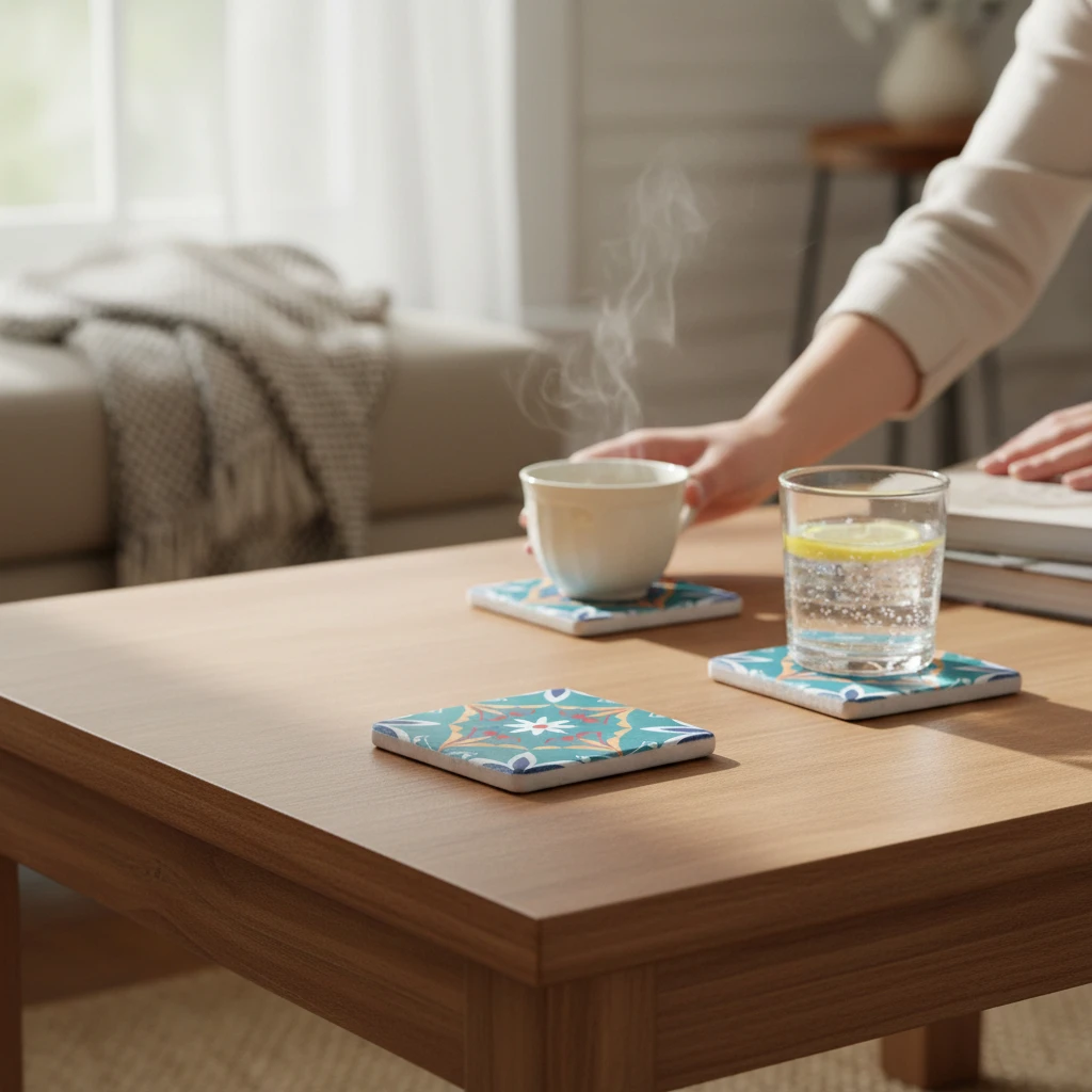 Doğal Mermer Desenli Bardak Altlığı