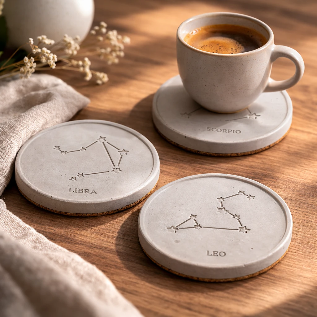 El Yapımı Beton Burç Bardak Altlığı – Astroloji Temalı