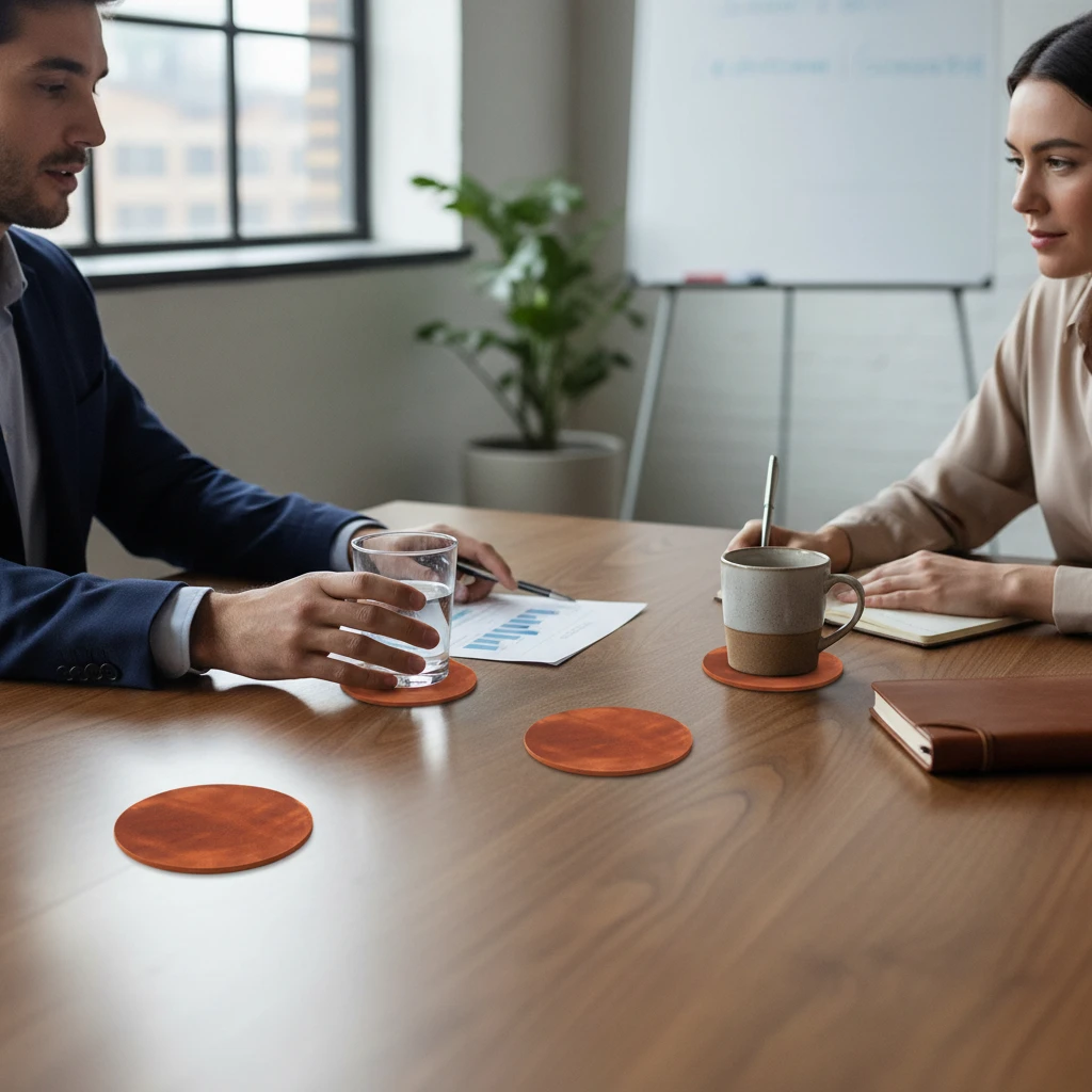 Kahverengi Yuvarlak Hakiki Deri Bardak Altlığı 4’lü set
