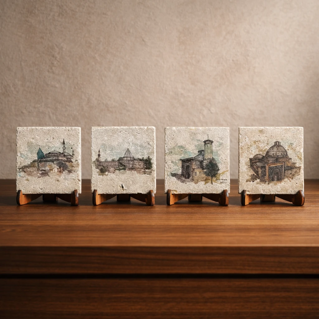 Konya Koleksiyonu Traverten Pano 4’lü Set – Doğal Taş Dekoratif Masa Panosu