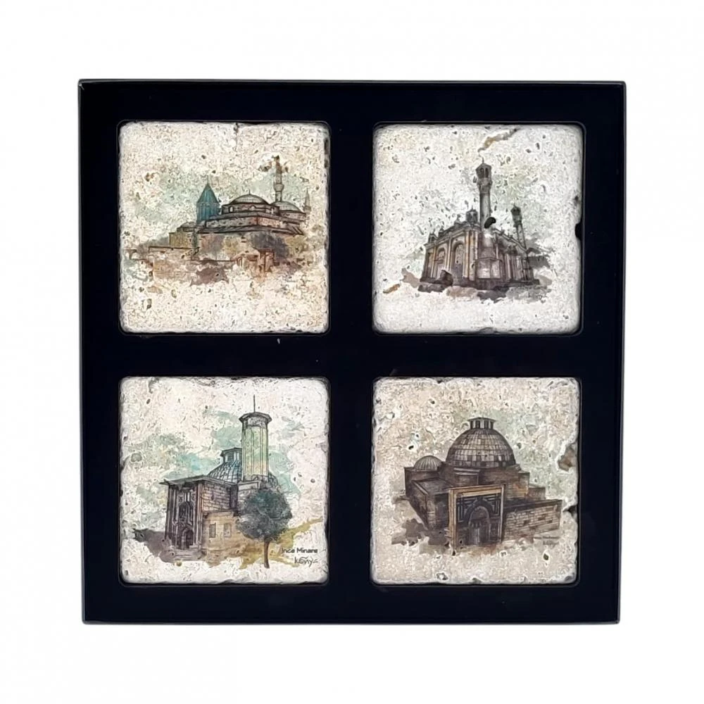 Konya Tarihi Yapılar Traverten Pano Seti – 4’lü Doğal Taş Dekoratif Koleksiyon