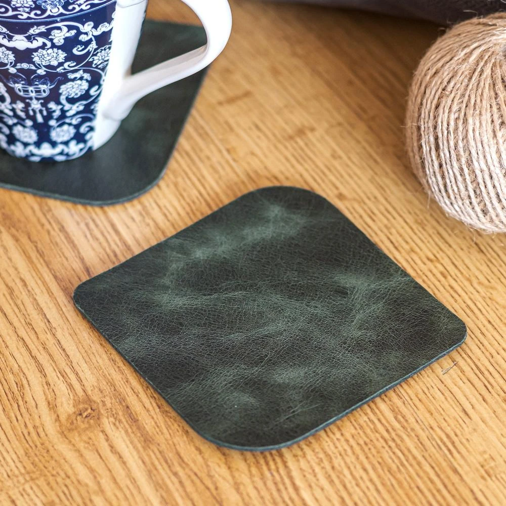 Koyu Yeşil Hakiki Deri Bardak Altlığı 4’lü set
