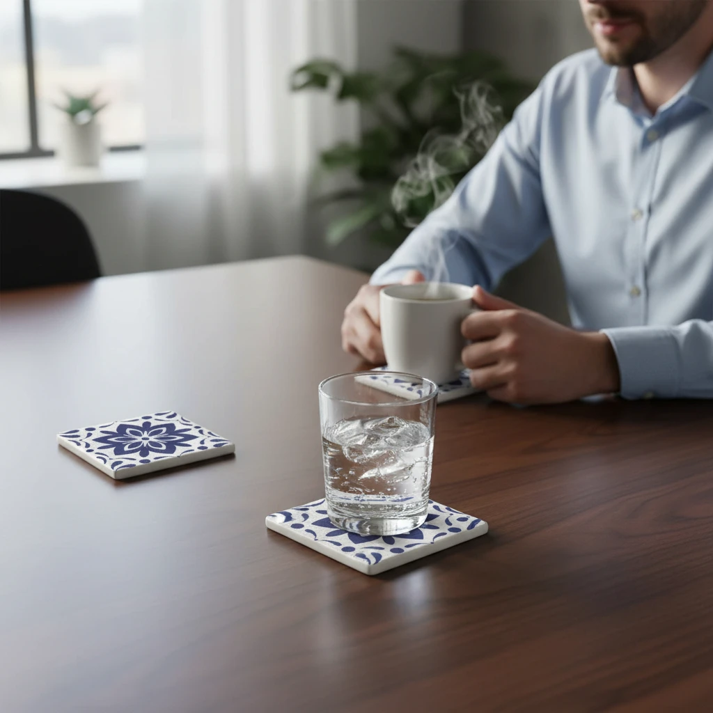 Lacivert Floral Desenli Doğal Mermer Bardak Altlığı