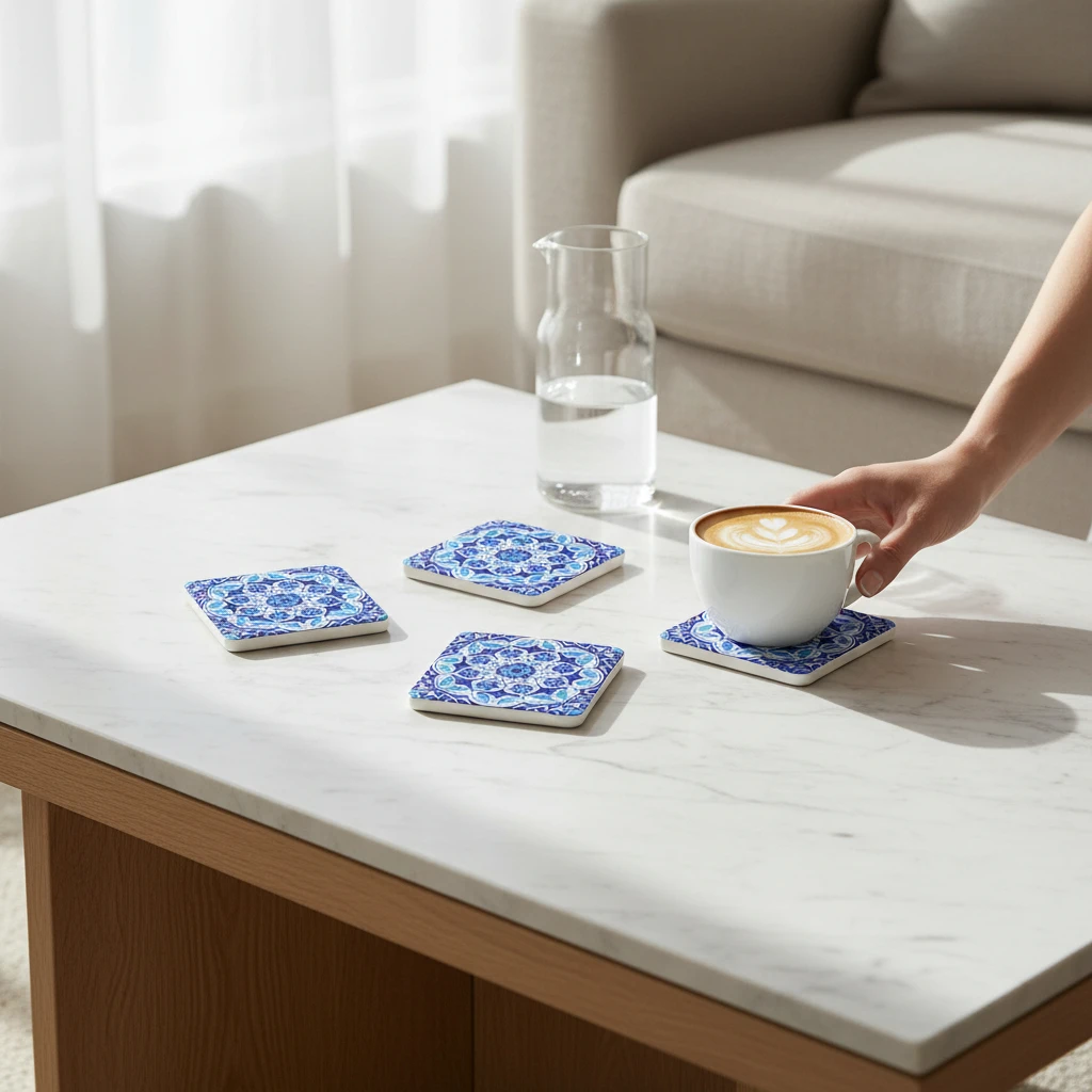 Mavi Desenli Doğal Mermer Bardak Altlığı