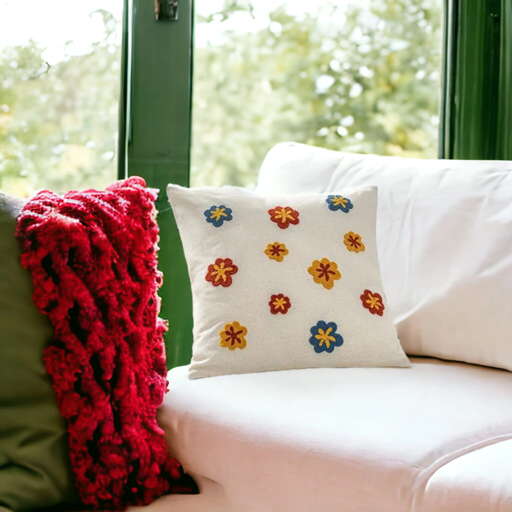 Renkli Çiçek Desenli Punch İşlemeli Kırlent Kılıfı | PNCH-2023104