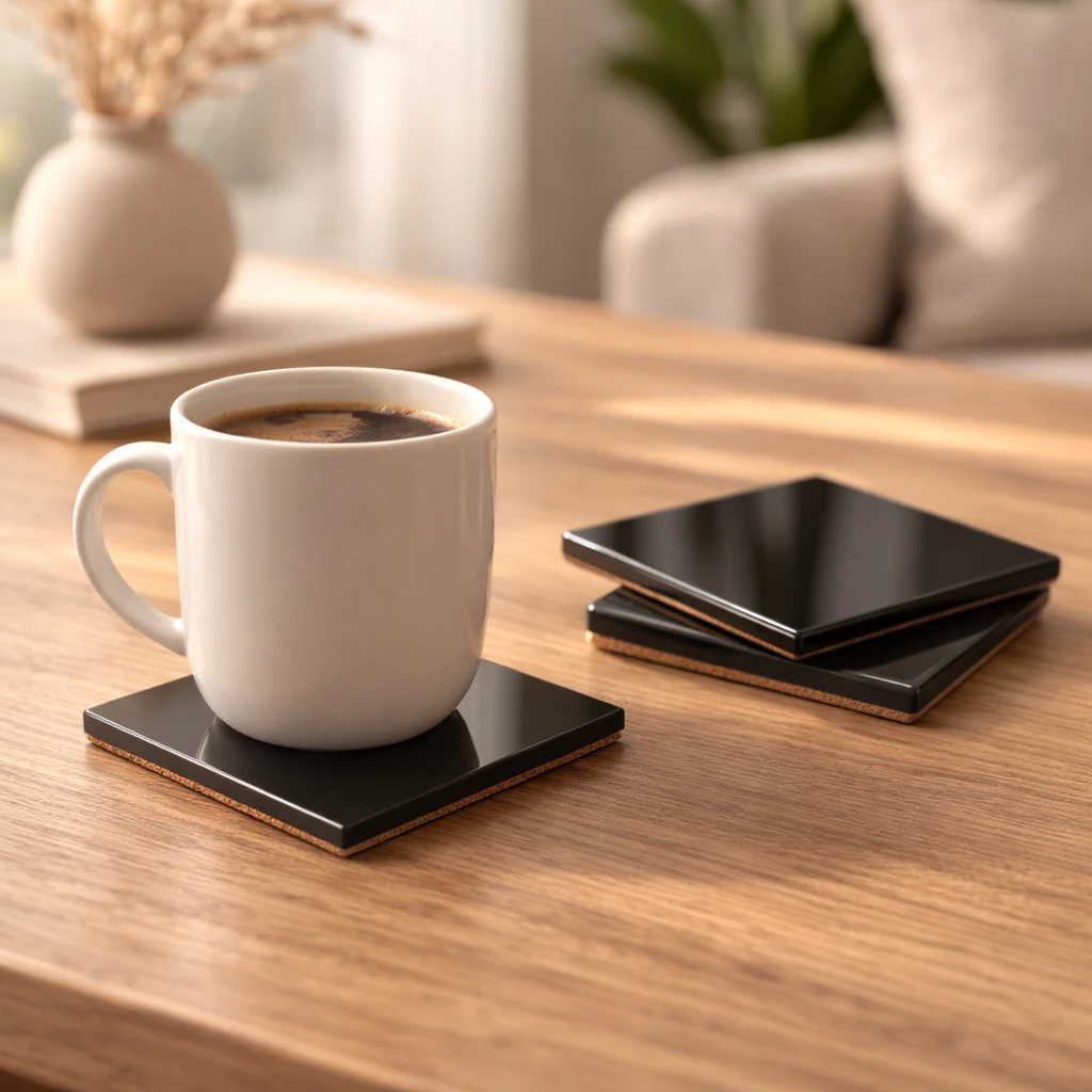 Siyah Cam Bardak Altlığı – Modern ve Şık Masa Dekoru
