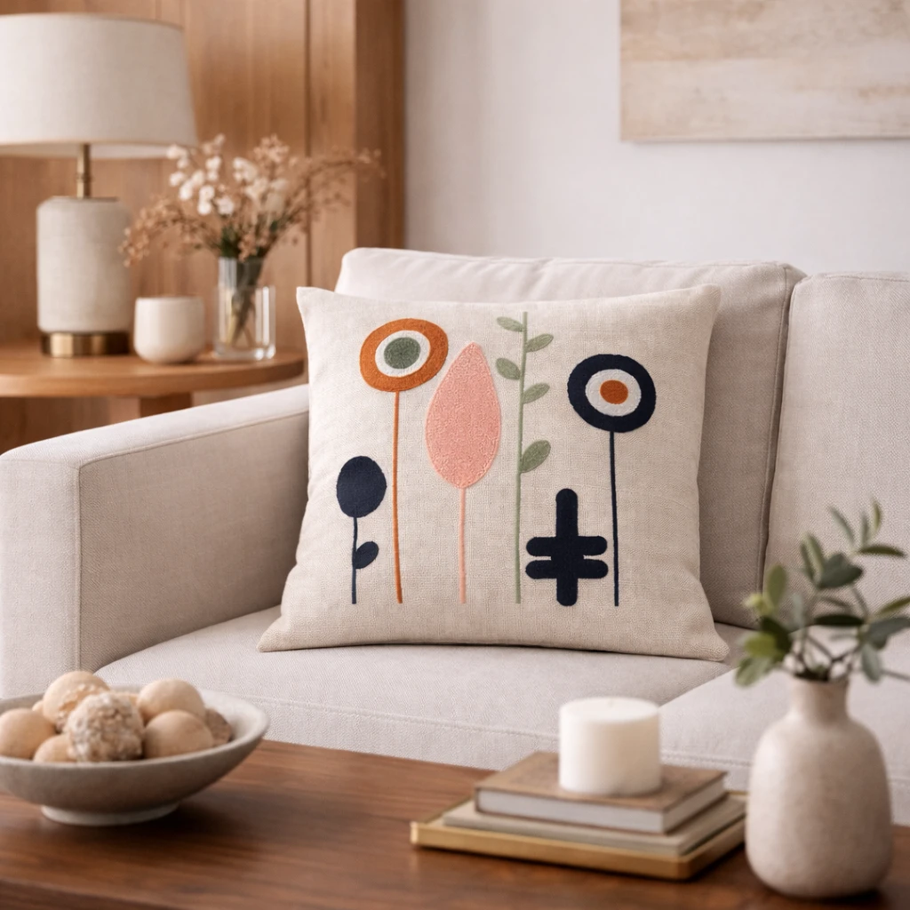 Soyut Desenli Punch Nakışlı Dokuma Keten Kırlent Kılıfı | PNCH-7523