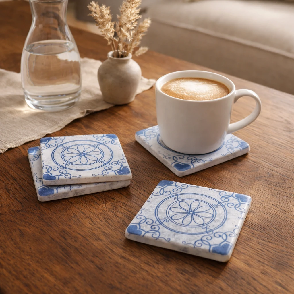 Vintage Mavi Desenli Mermer Bardak Altlığı